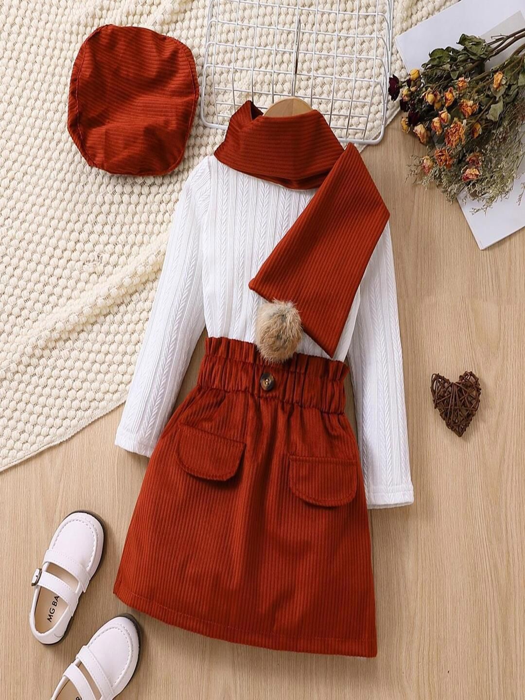 YK Girls Self Designed Long Sleeve Top Skirt & Dupatta Clothing Set