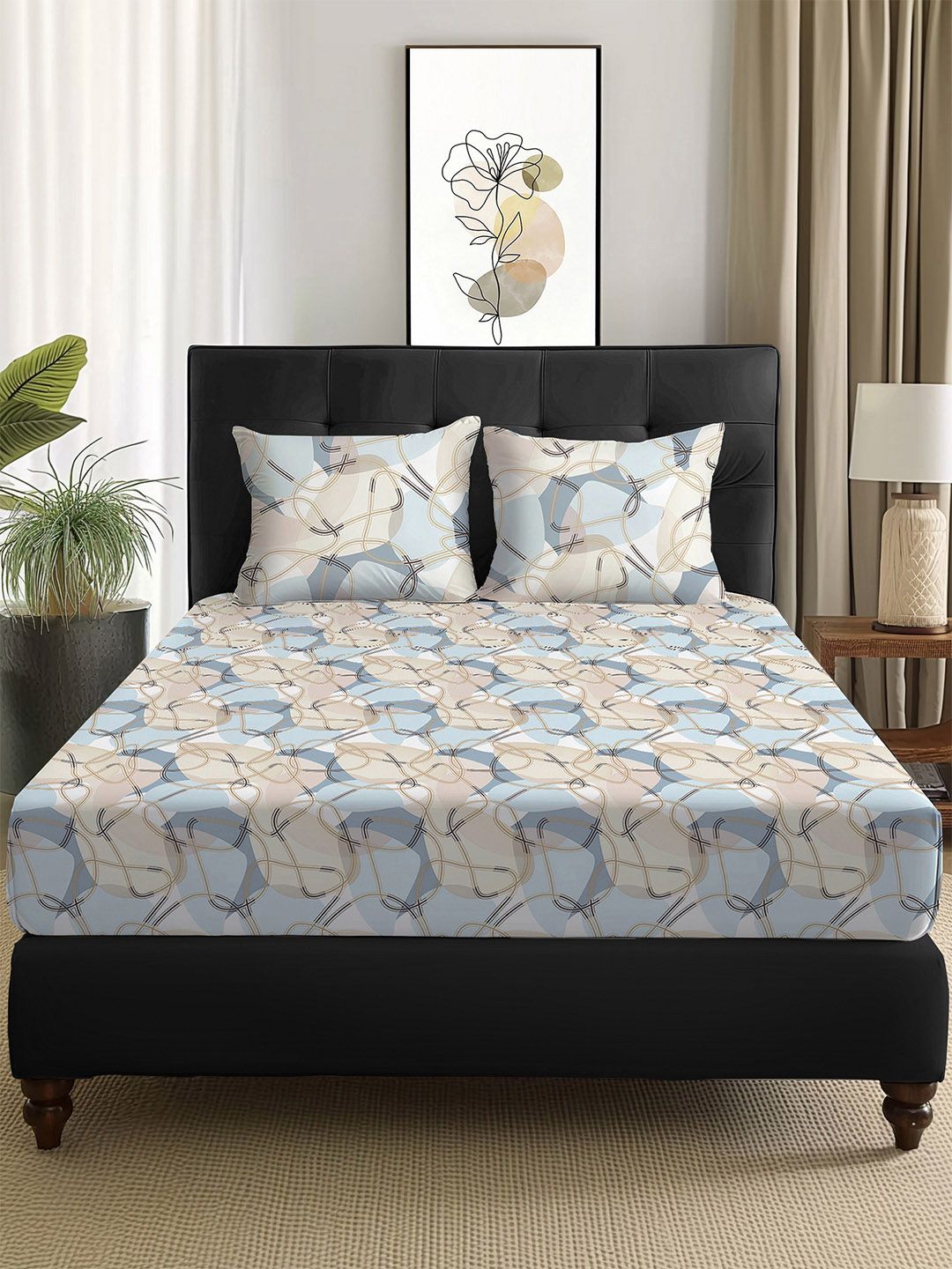 Story@home Arena Cream-Coloured & Grey Printed 180 TC Queen Bedsheet & 2 Pillow Covers