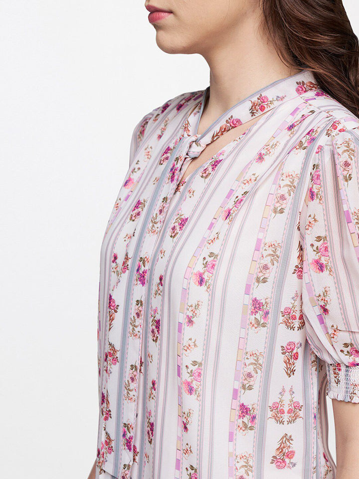 AND Women Beige & Peach Coloured Floral Print Tie-Up Neck Shirt Style Top
