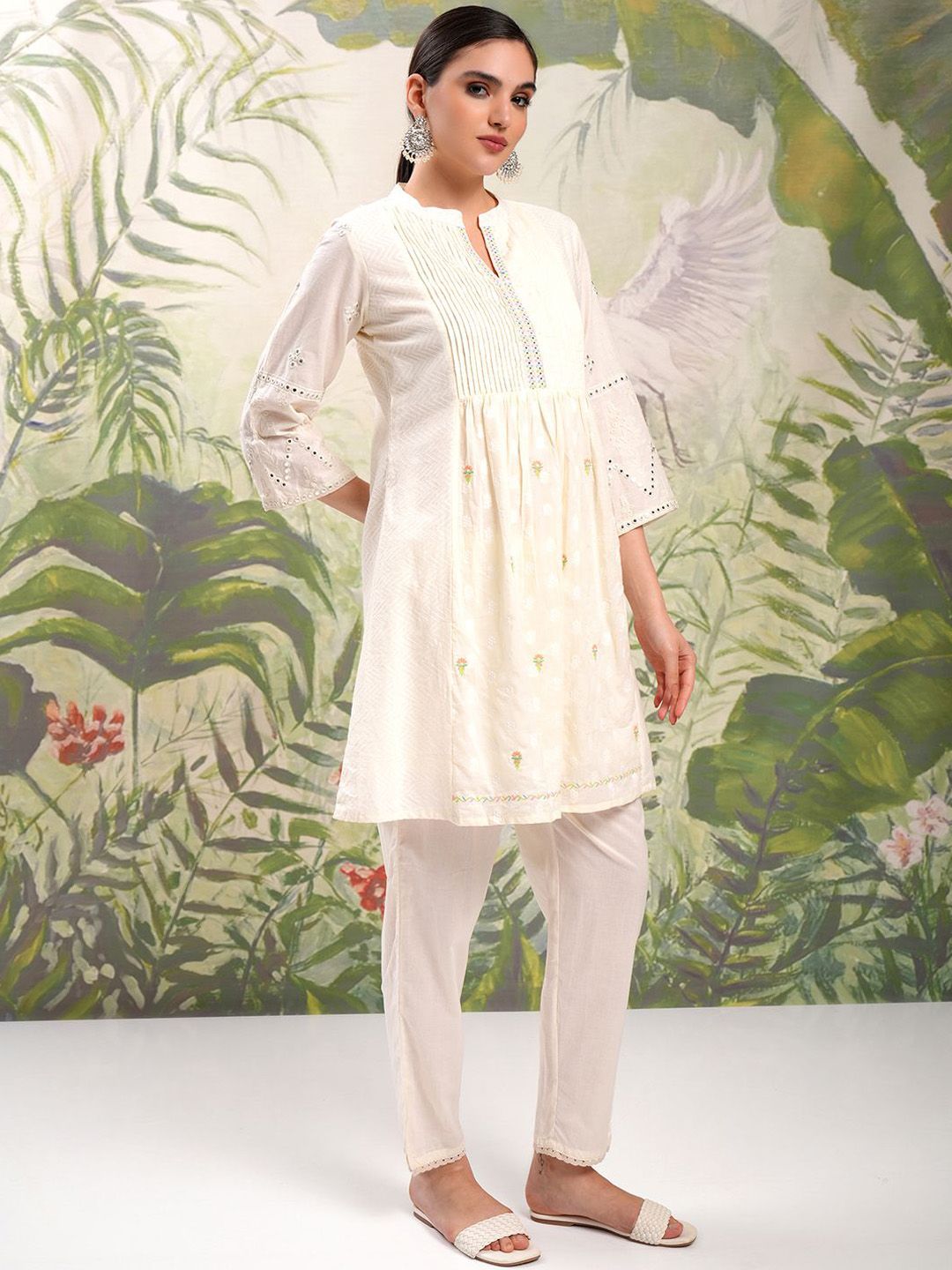 Vishudh Cream Coloured Mirror Work Pure Cotton A-Line Kurti With Trousers & Dupatta