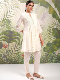 Vishudh Cream Coloured Mirror Work Pure Cotton A-Line Kurti With Trousers & Dupatta