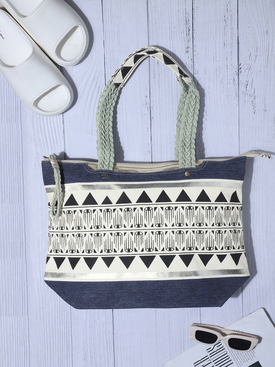 Berrylush Navy Blue & White Geometric Printed Shopper Tote Bag