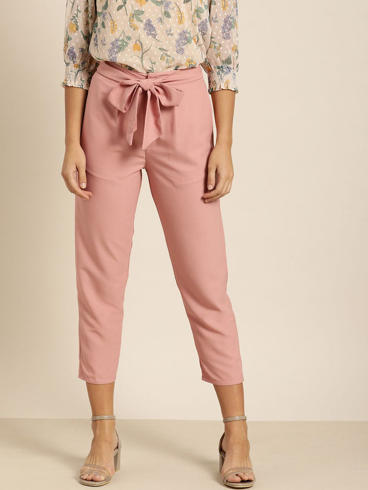 all about you Women Pink Solid Cropped Regular Trousers with Waist Tie-Up detail