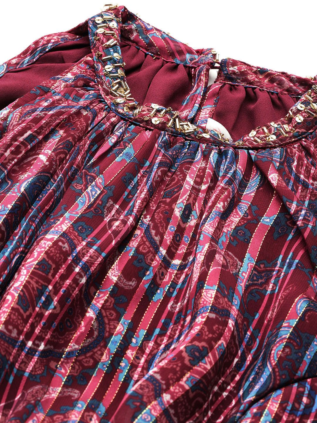 all about you Ethnic Motifs Printed Lurex Stripe Georgette Maxi Dress