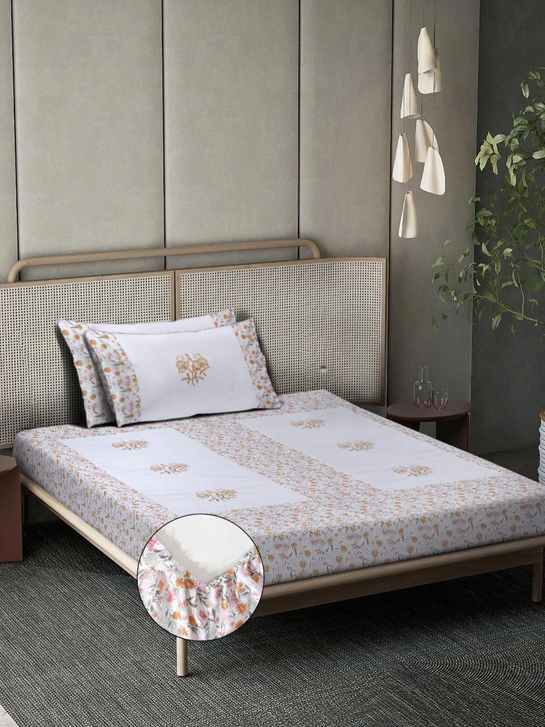 KLOTTHE Cotton 400 TC Fitted Single Superfine Bedsheet with 2 Pillow Covers-89 x 59 inches