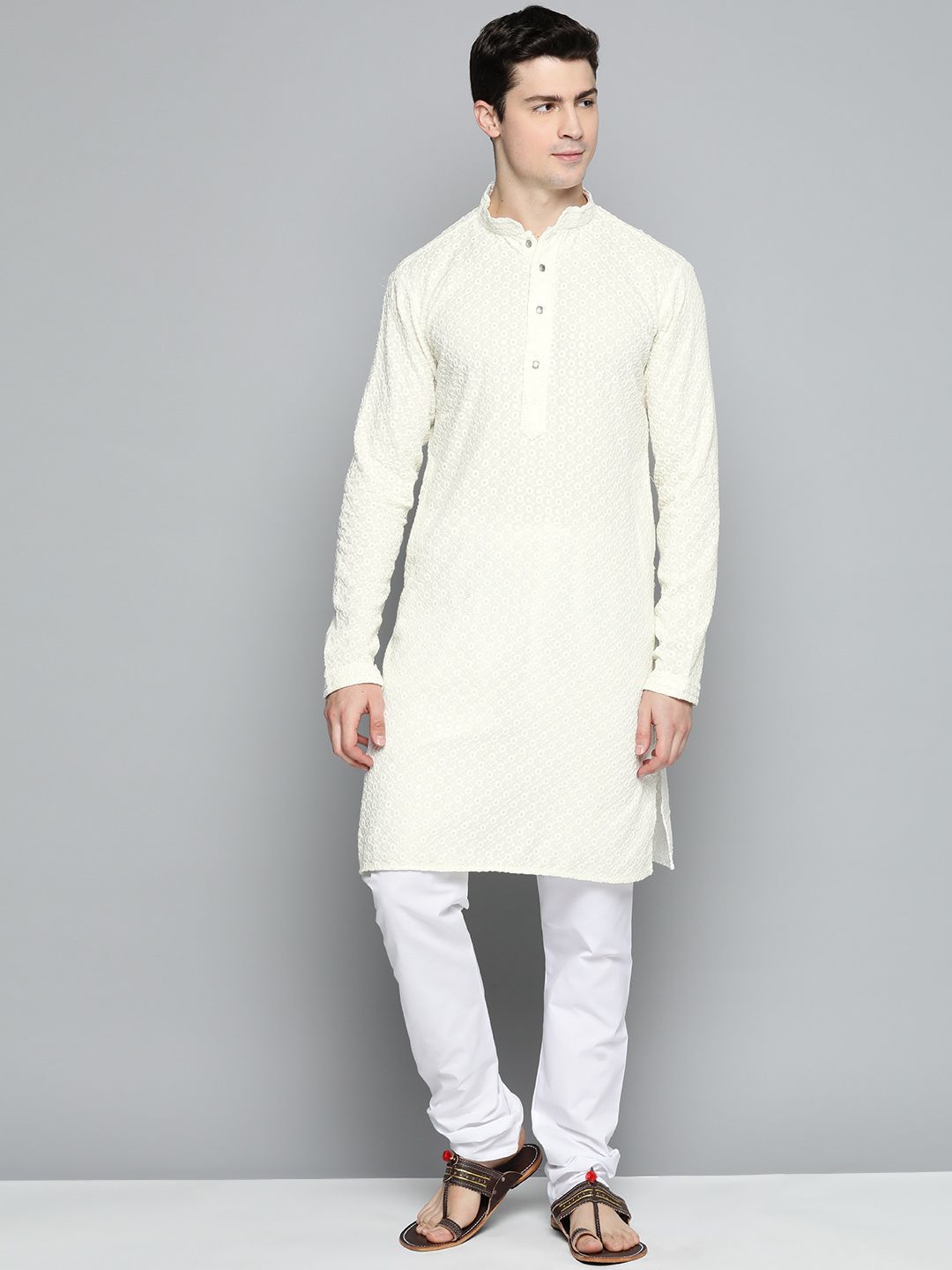 Jompers Men Floral Embroidered Chikankari Pure Cotton Kurta with Churidar