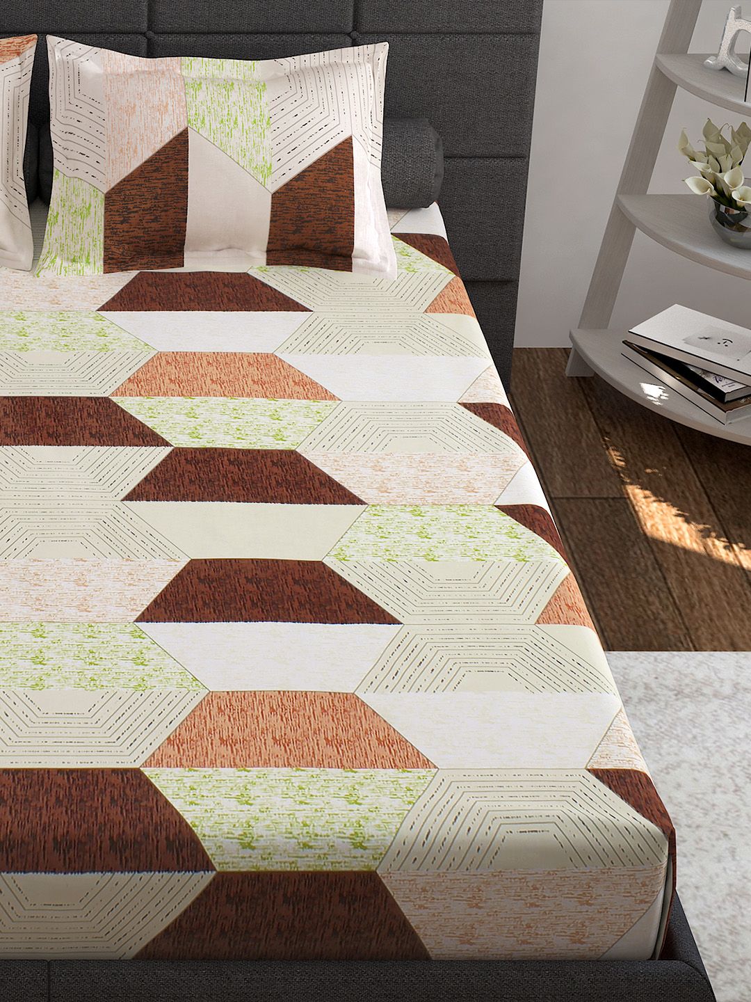 Story@home Cream-Coloured Geometric 144 TC Cotton 1 Queen Bedsheet with 2 Pillow Covers