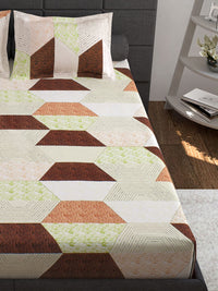 Story@home Cream-Coloured Geometric 144 TC Cotton 1 Queen Bedsheet with 2 Pillow Covers