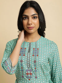 W Sea Green & Red Ethnic Printed Keyhole Neck Thread Work Asymmetric A-Line Kurta