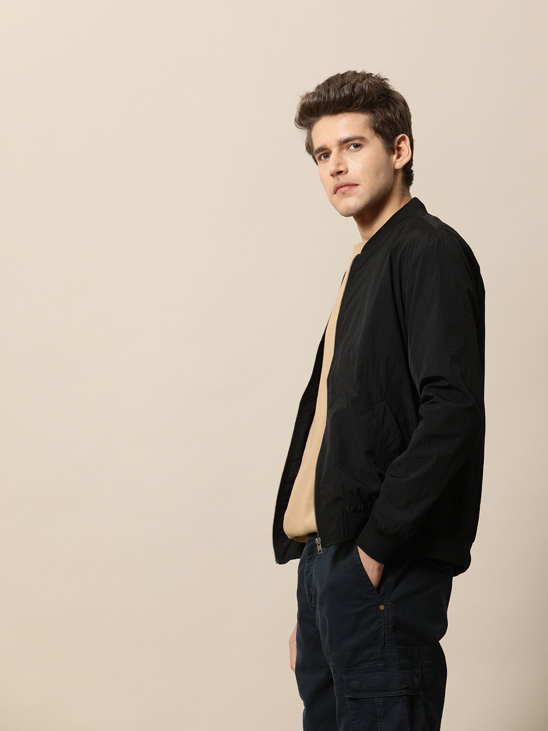 Mr Bowerbird Men Black Solid Lightweight Mandarin Collar Bomber Jacket