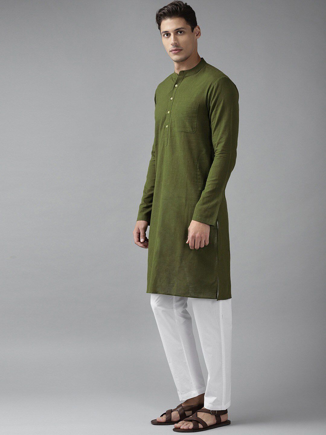 See Designs Men Olive Thread Work Straight Cotton Kurta