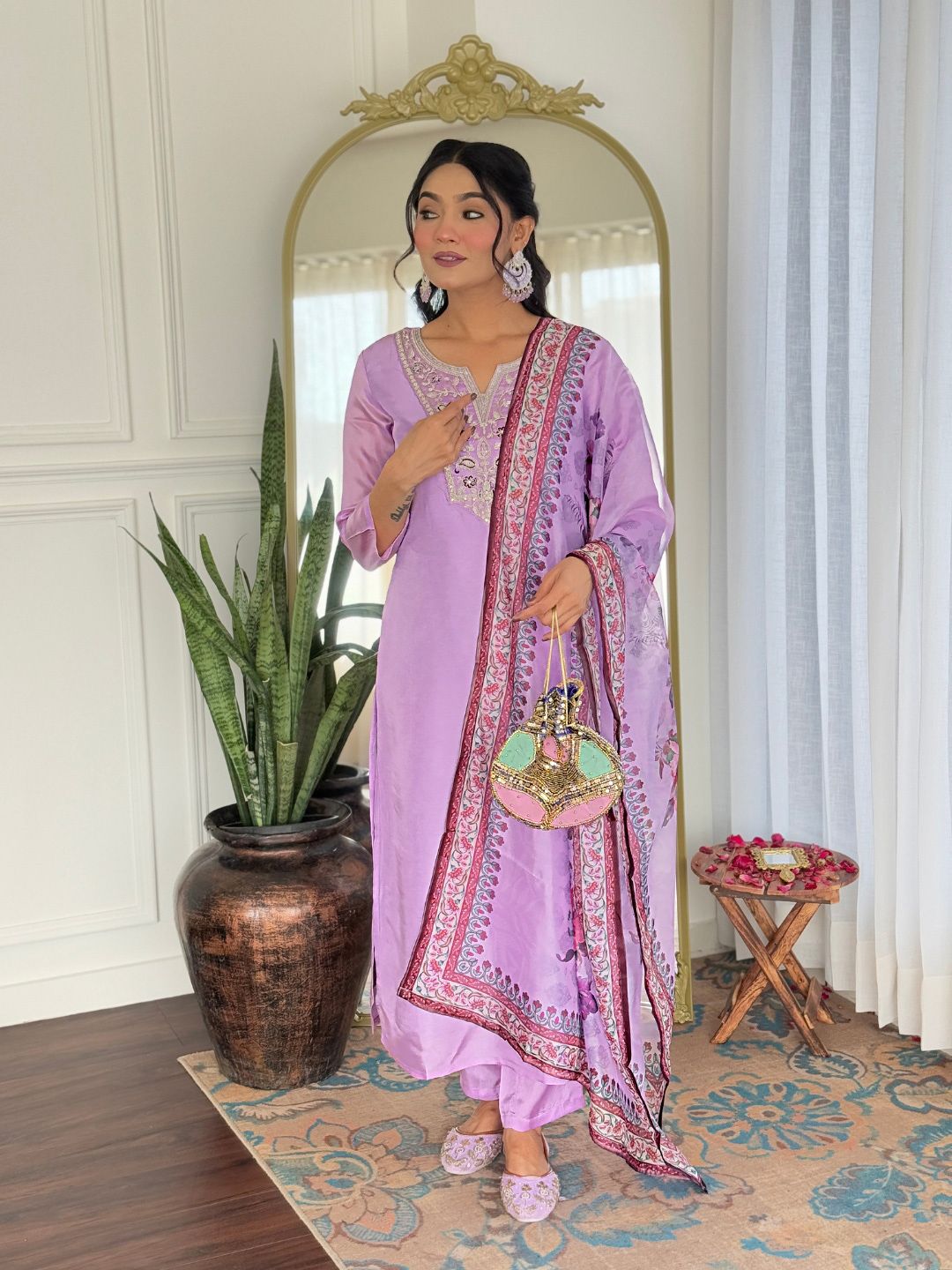 KALINI Women Floral Embroidered Regular Thread Work Kurta with Trousers & With Dupatta