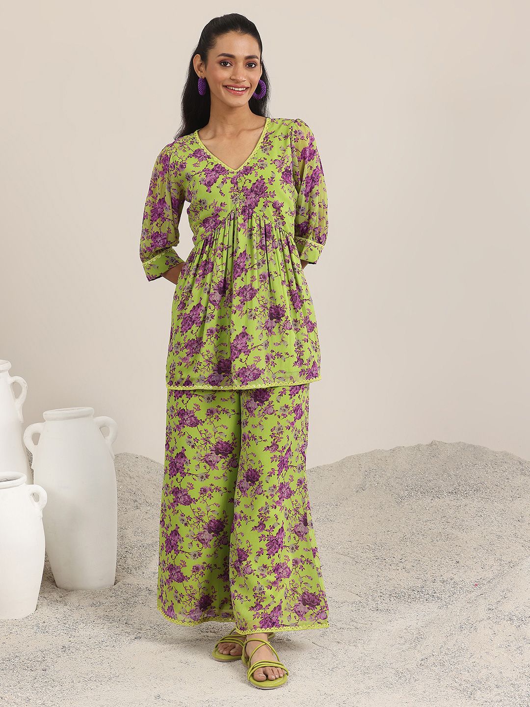 Libas Plus Size Floral Embroidered Straight Kurta With Palazzo & Dupatta