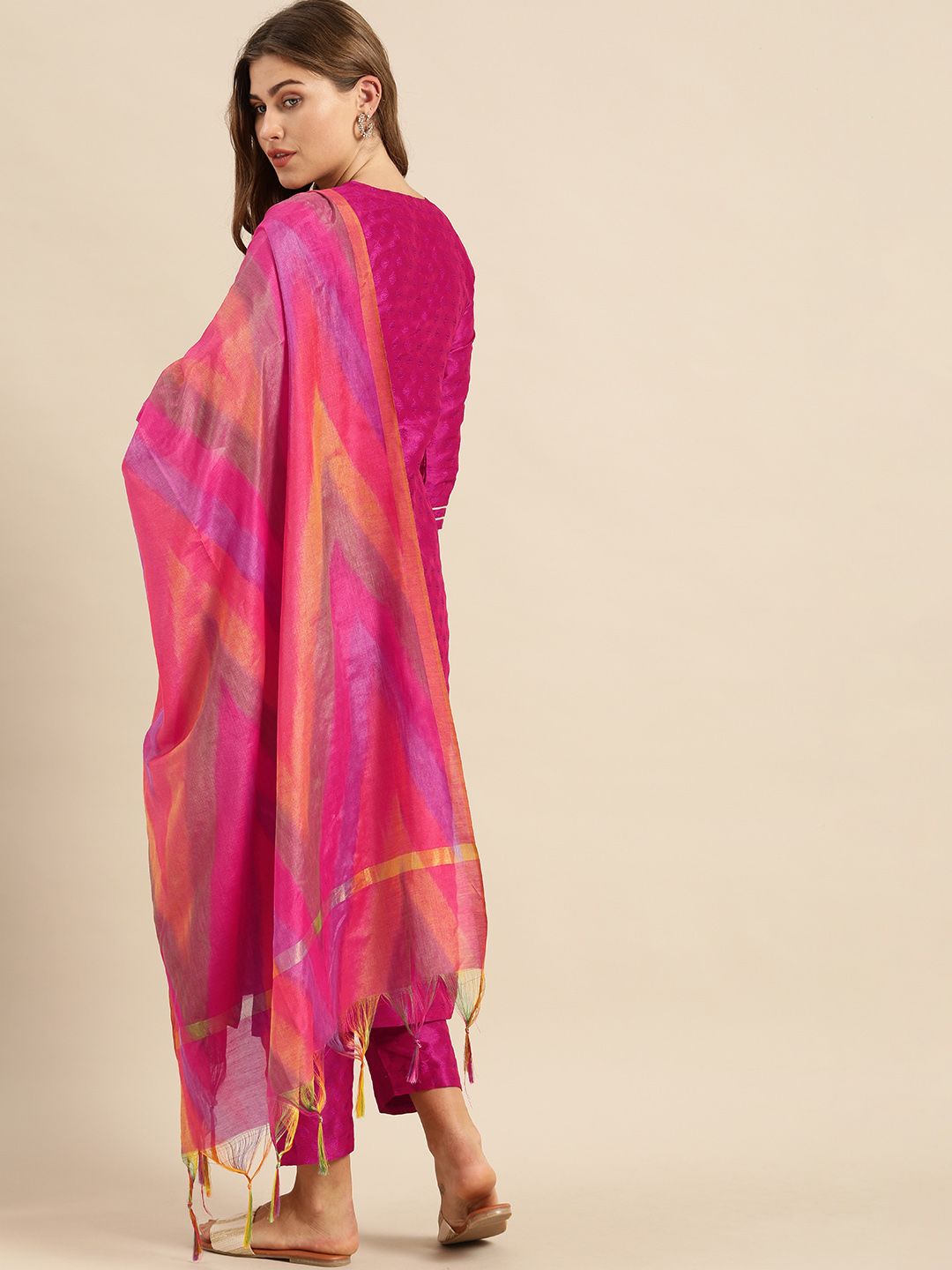 Varanga Women Magenta & Gold-Toned Embroidered Kurta with Trousers & Dupatta