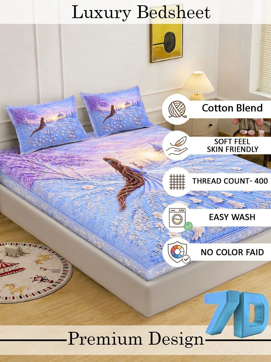 KLOTTHE Purple & Blue Floral 400 TC King Bedsheet with 2 Pillow Covers