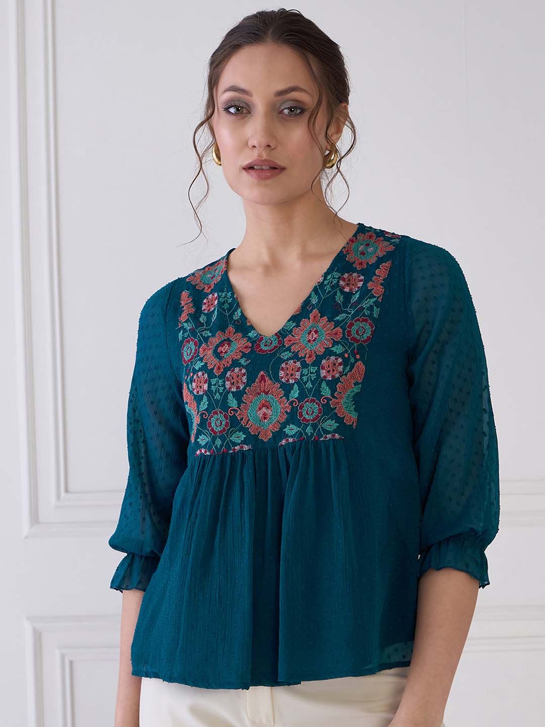 Antheaa Floral Print Chiffon Top