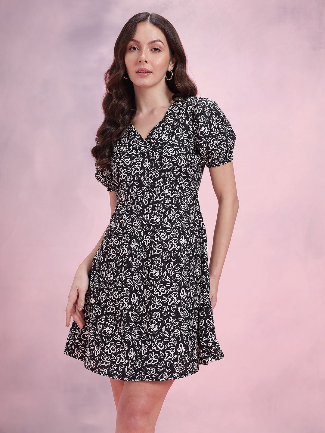 DressBerry Print Puff Sleeve A-Line Dress