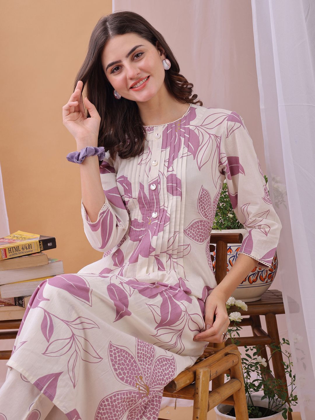 KALINI Women Floral Printed Regular Beads and Stones Pure Cotton Kurta with Trousers