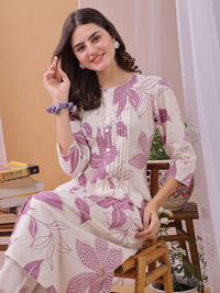 KALINI Women Floral Printed Regular Beads and Stones Pure Cotton Kurta with Trousers