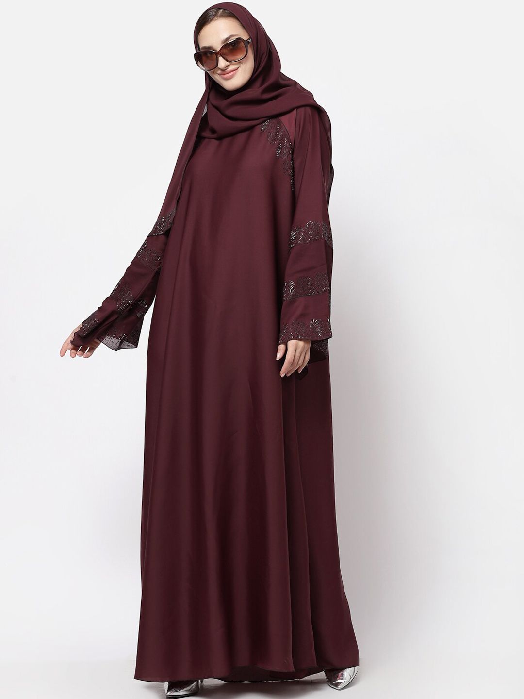 KLOTTHE Women Maroon Embellished Abaya Burqa With Hijab