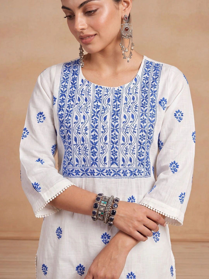 Rumah Wanita Chikankari Motif Etnik Bersulam Benang Biasa Kurta Kerja dengan Seluar