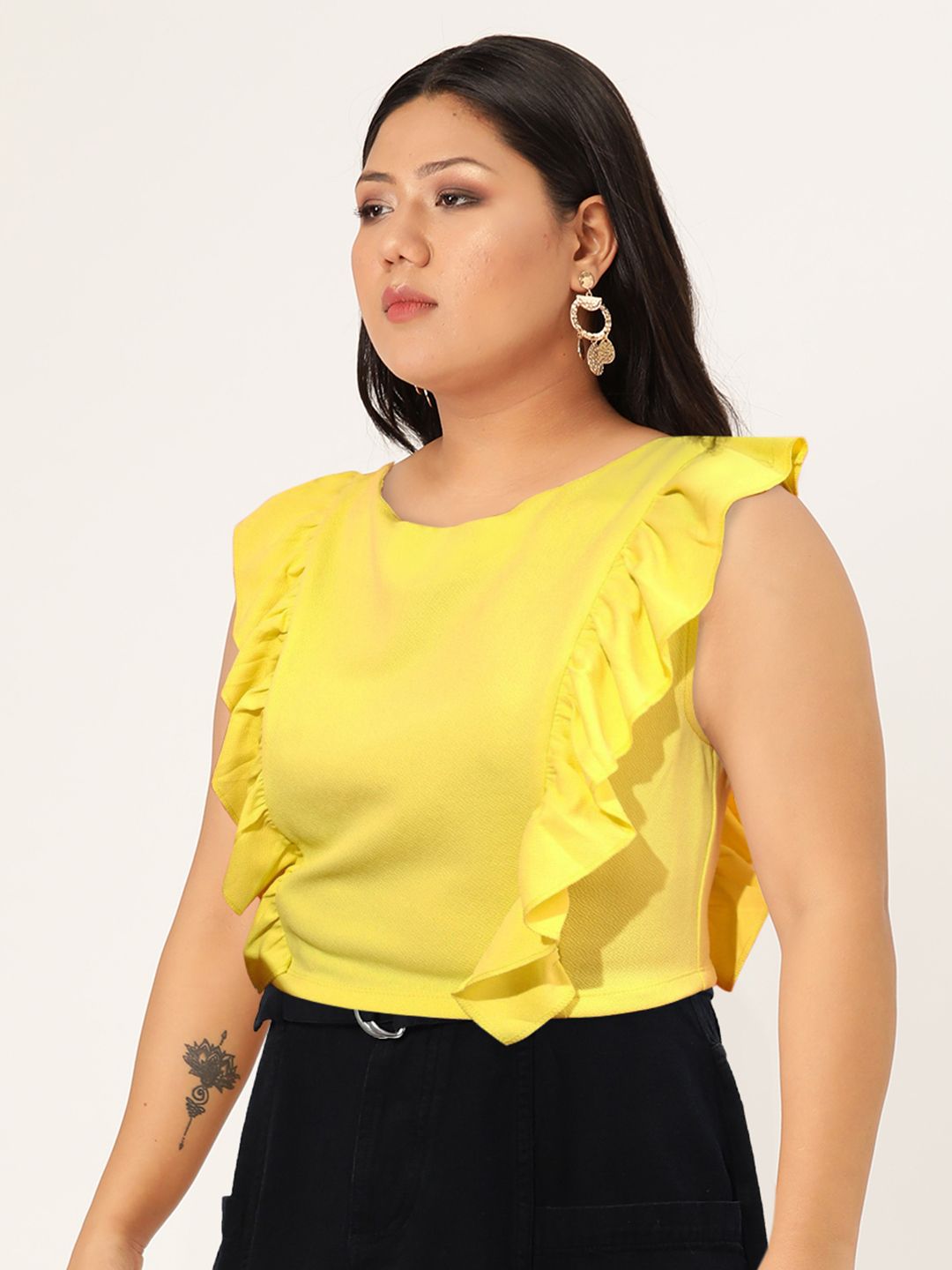 STREET 9 Round Neck Sleeveless Ruffles Crop Top