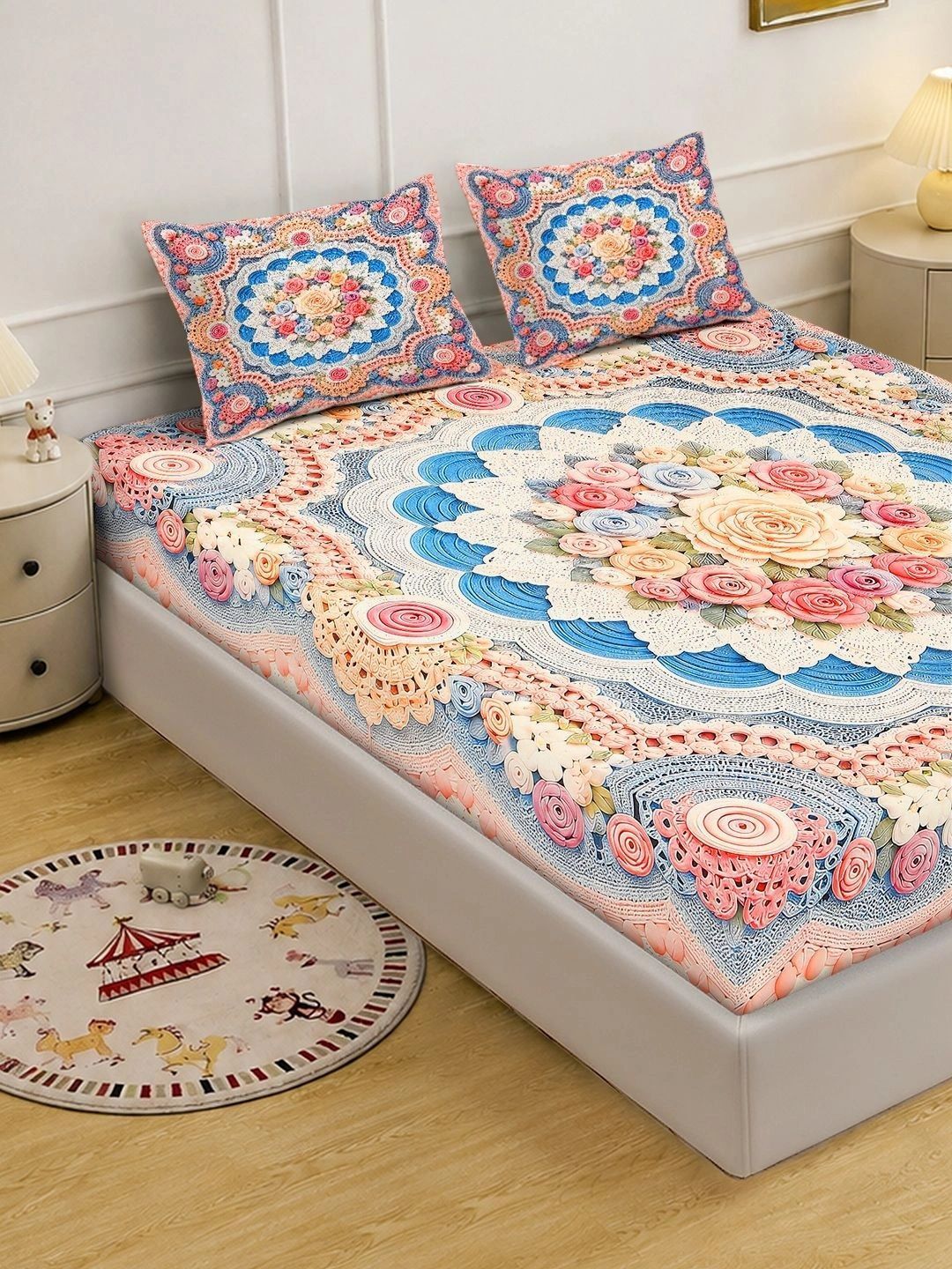 KLOTTHE White & Pink Floral 400 TC King Bedsheet with 2 Pillow Covers