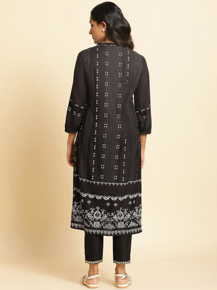W Ethnic Motifs Printed Band Collar Straight Kurta