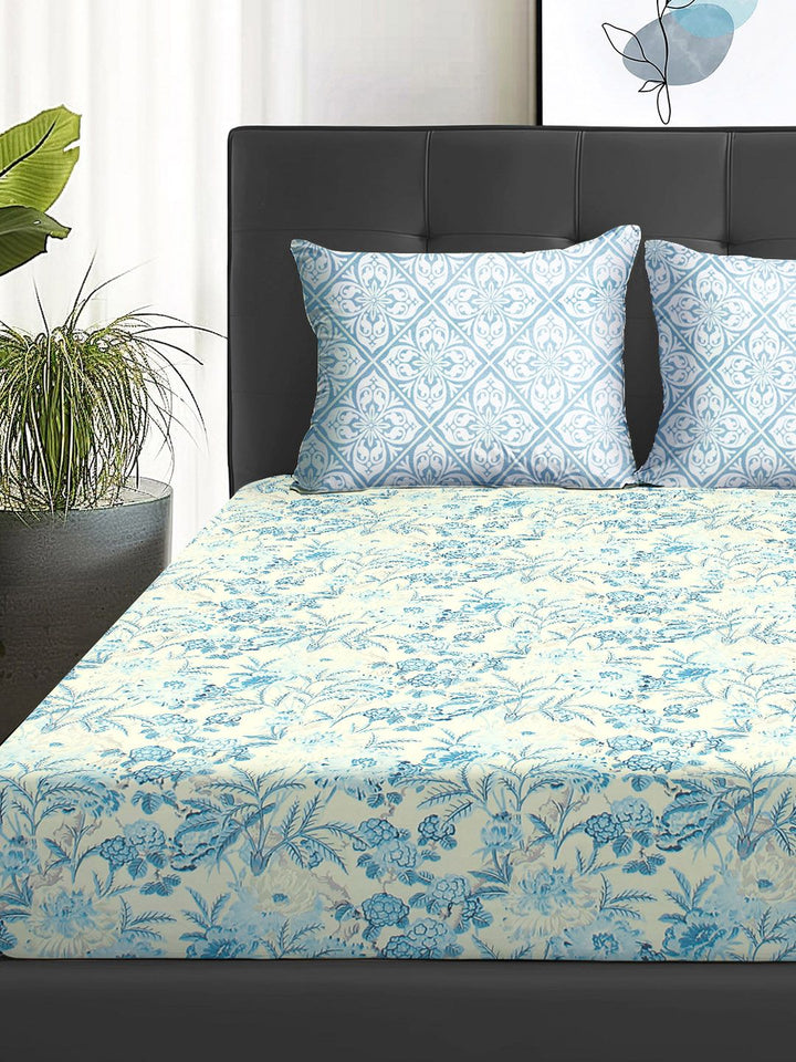 Story@home Turquoise Blue Floral 180 TC Queen Bedsheet With 2 Pillow Covers