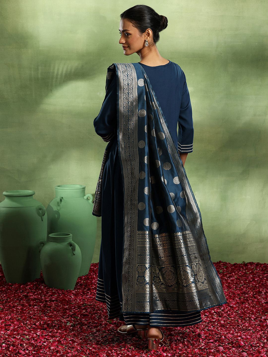 Libas Womens Navy Blue Yoke Design Viscose Anarkali Kurta With Trousers & Dupatta