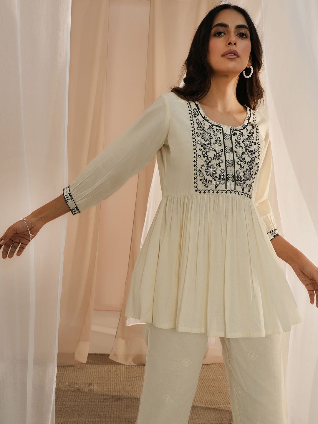Libas Floral Yoke Design Sequinned Pure Cotton Pleated Kurti