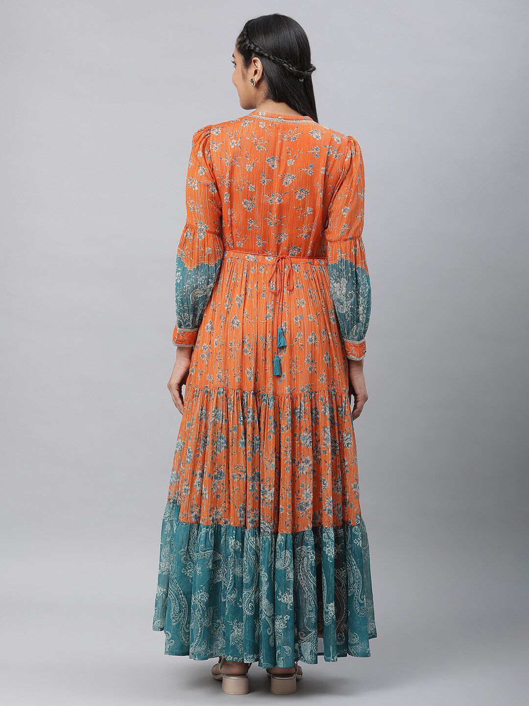 AURELIA Floral Printed Tie-Up Neck Cuffed Sleeves Tiered Detail Georgette Maxi Dress