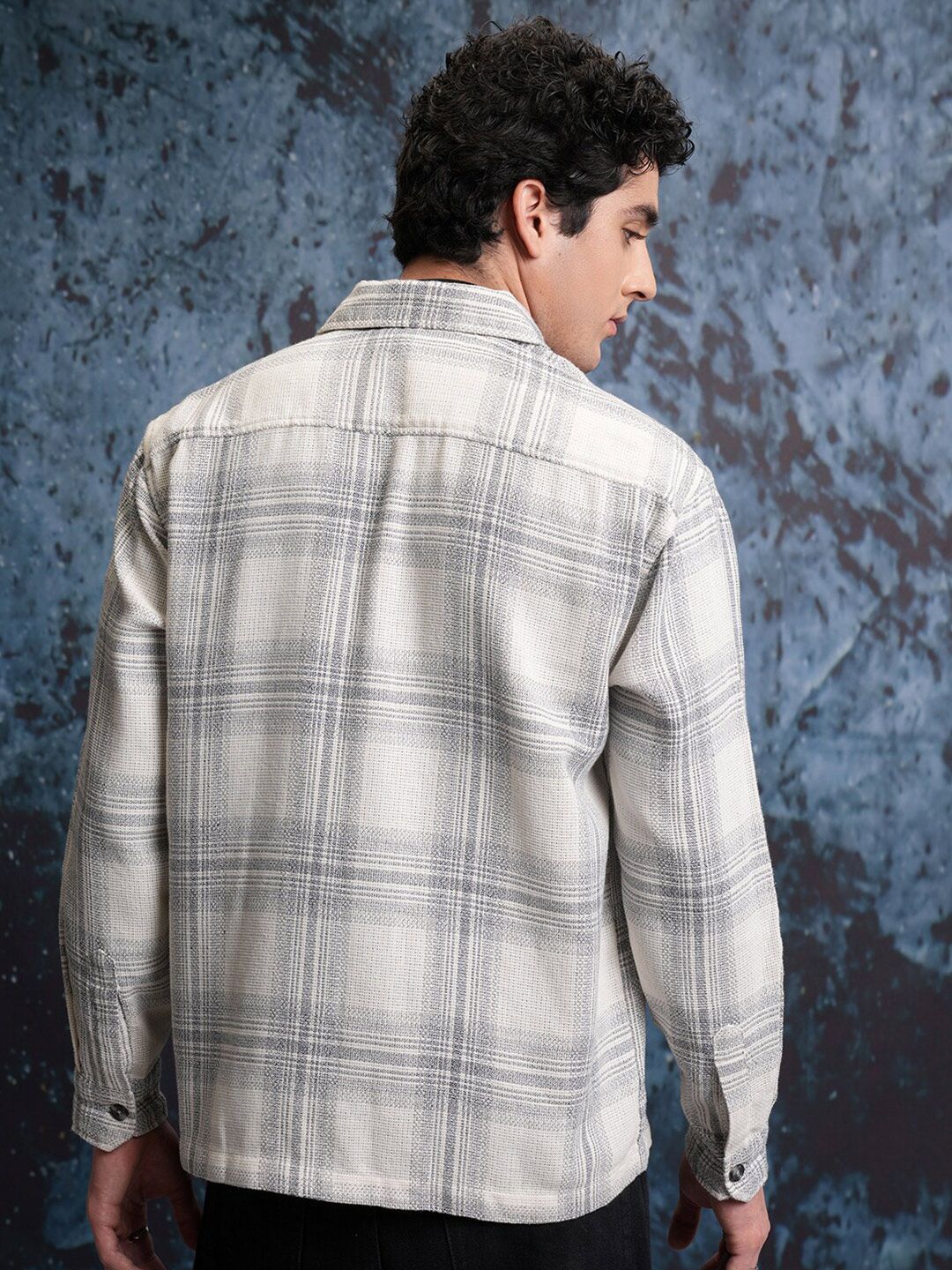 Locomotive Men Cream Grindle Mock Lino Dobby Textured Checked Utility Pocket Overshirt