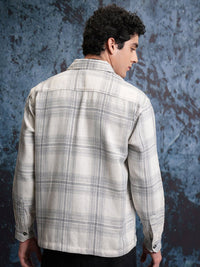 Locomotive Men Cream Grindle Mock Lino Dobby Textured Checked Utility Pocket Overshirt