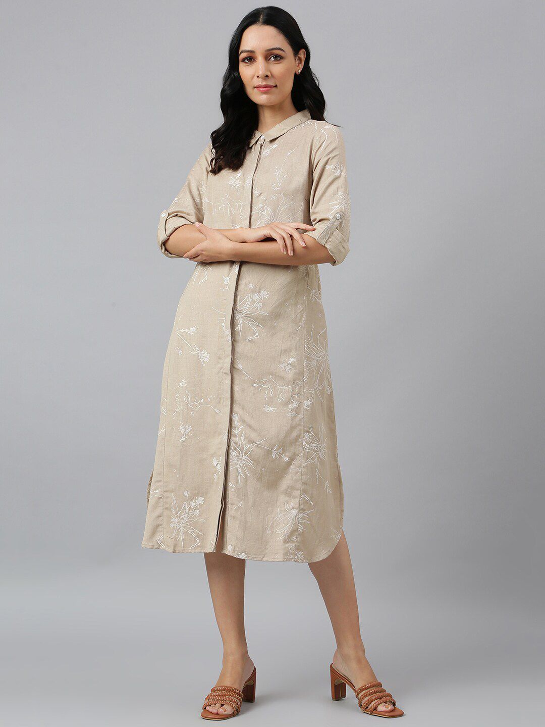 W Brown Floral Shirt Midi Dress