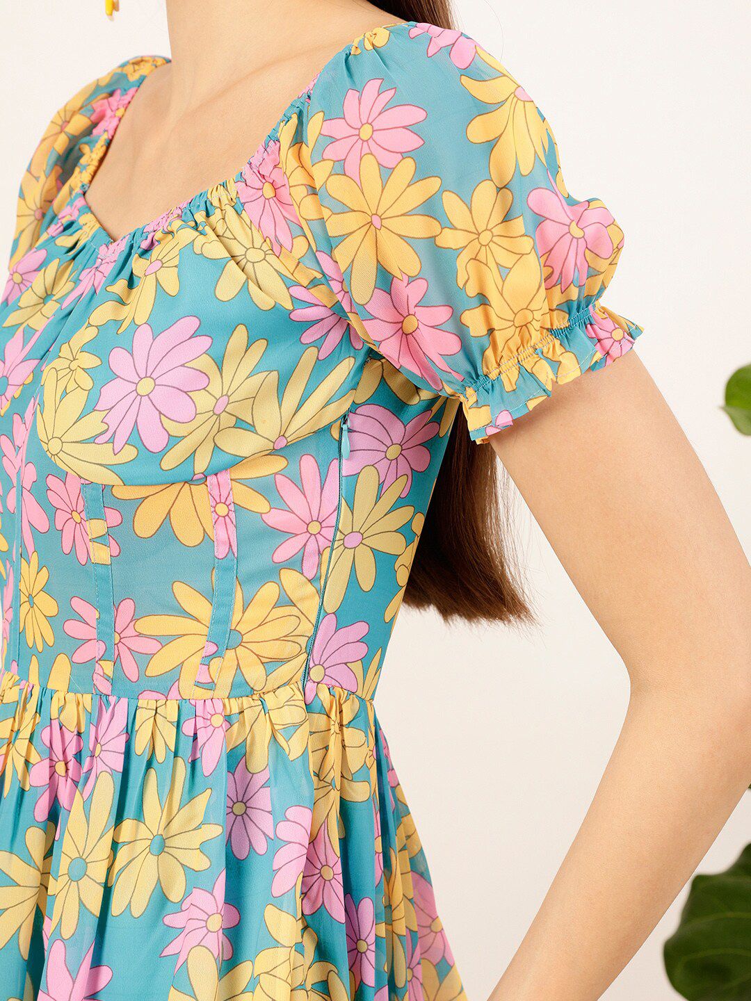 STREET 9 Blue & Mustard Floral Printed Sweetheart Georgette Fit & Flare Dress
