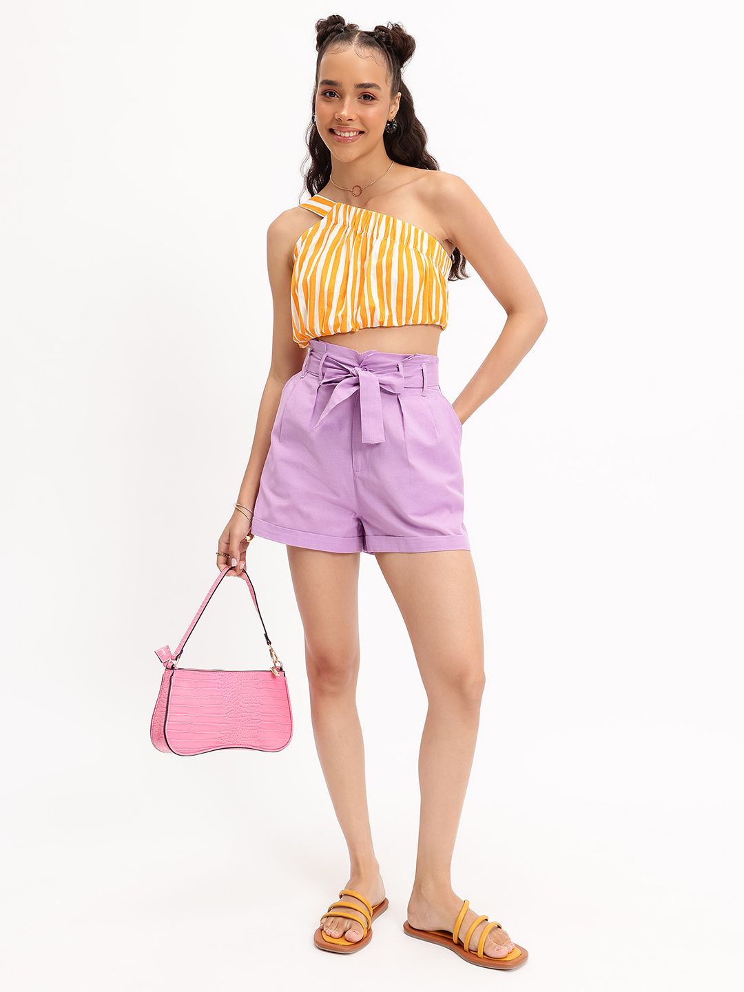 DressBerry Striped One-Shoulder Cinched waist Crop Top