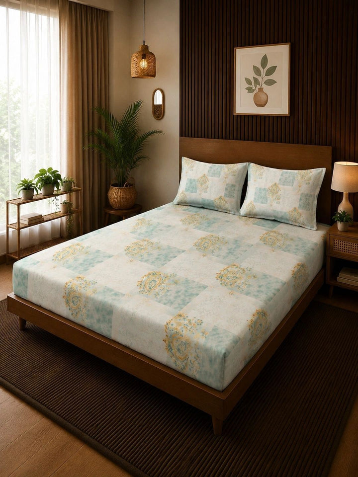 Moda Rapido X KLOTTHE Hijau & Kuning Geometrik 400 TC Cadar King dengan 2 Sarung Bantal