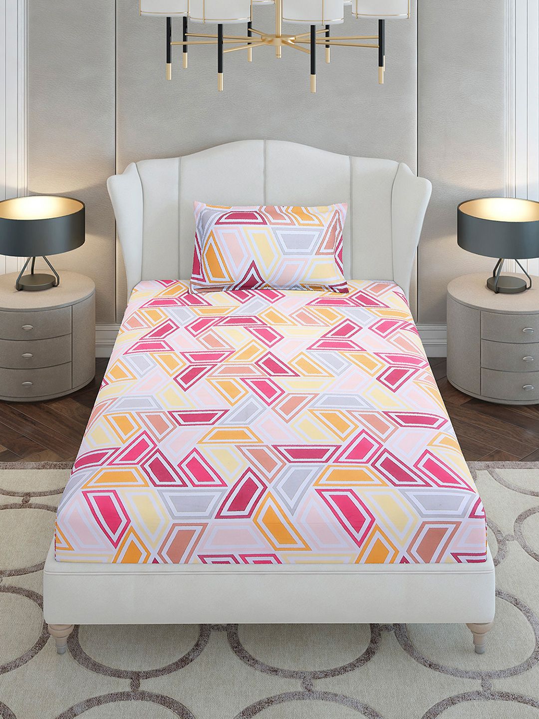 Monte Carlo Magenta & White Geometric Cotton 104 TC Single Bedsheet Set-2.24 m x 1.52 m