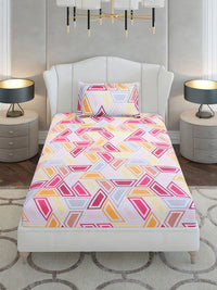 Monte Carlo Magenta & White Geometric Cotton 104 TC Single Bedsheet Set-2.24 m x 1.52 m