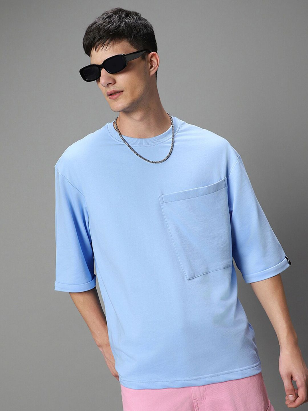 Bewakoof Drop-Shoulder Sleeves Pocket Detail Relaxed Fit Cotton T-shirt
