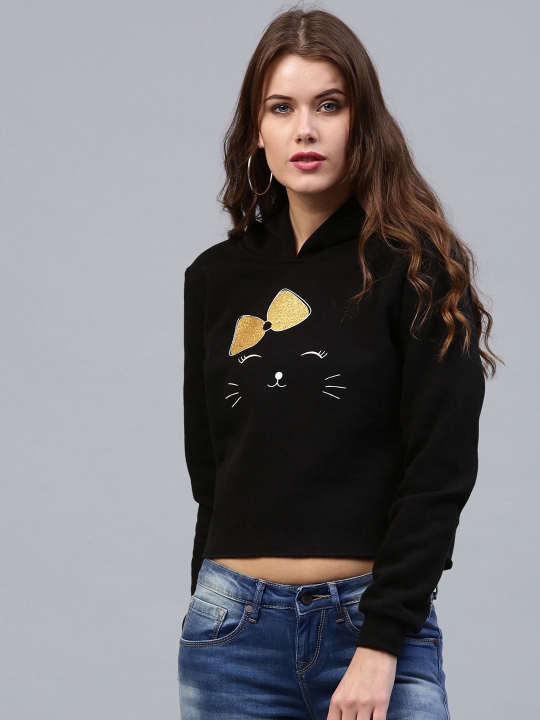 SASSAFRAS Women Black Printed Detail Hooded Crop Sweatshirt