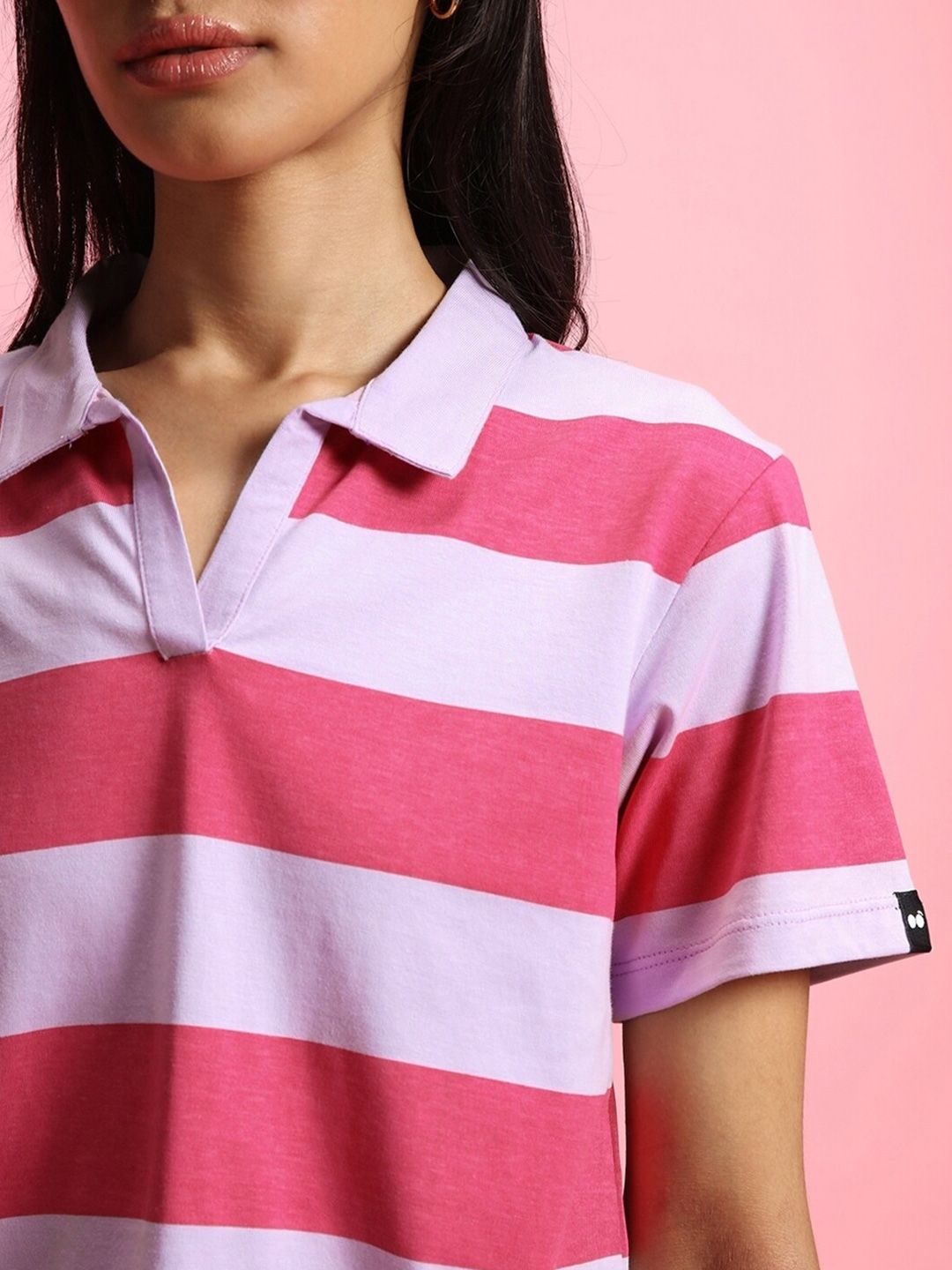 Bewakoof Women Striped Polo Collar  Oversized T-shirt