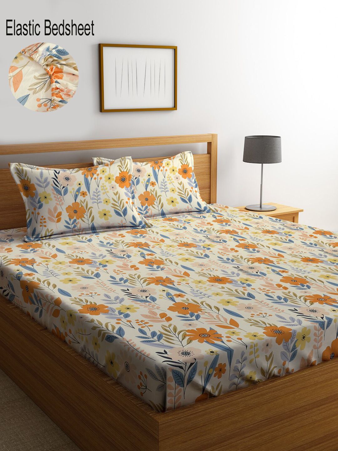 KLOTTHE Floral 300 TC Cotton Blend Fitted Double Super King Bedsheet with 2 Pillow covers