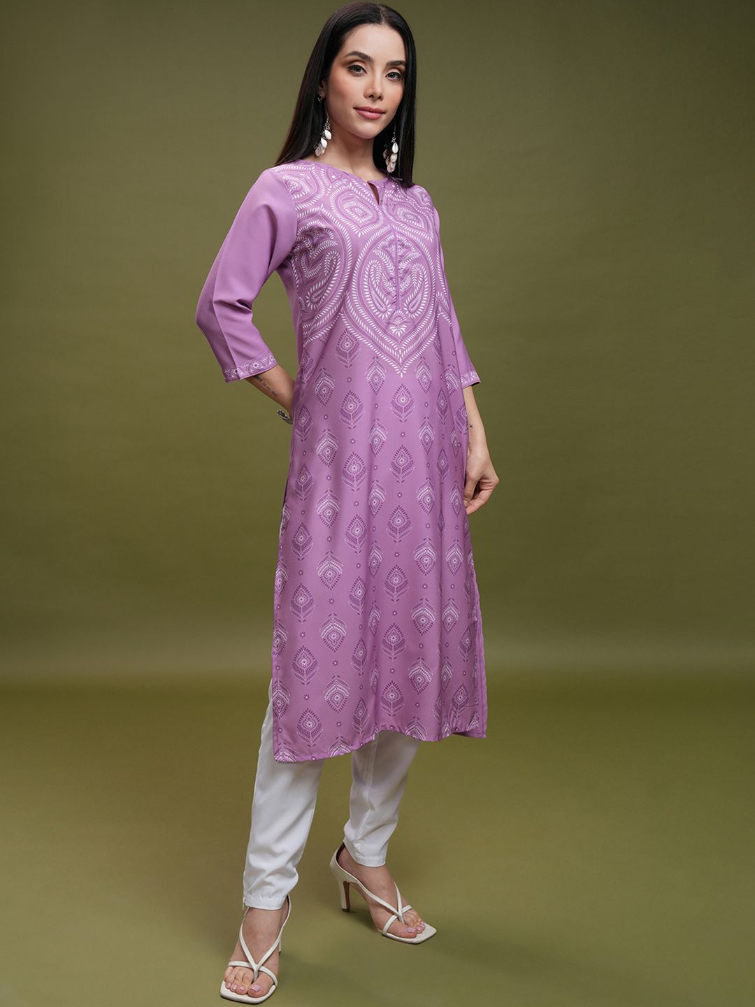 Vishudh Purple Ethnic Motifs Printed Notch Neck Straight Kurta