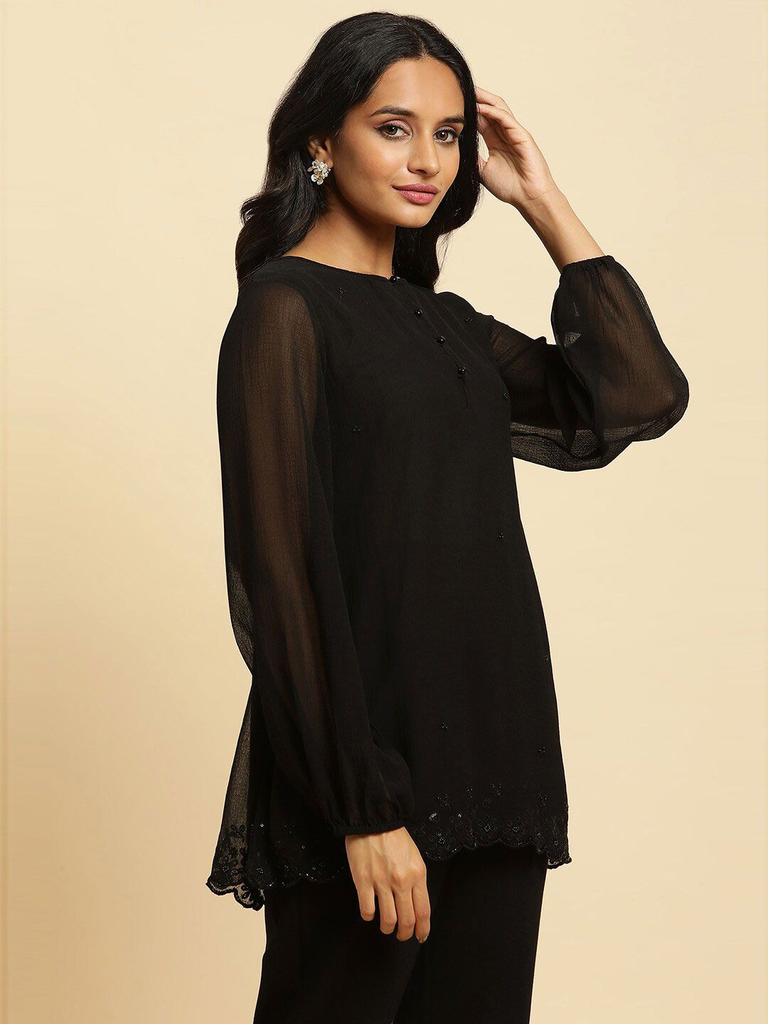 W Black Floral Embroidered Sequinned Longline Top