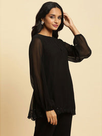 W Black Floral Embroidered Sequinned Longline Top