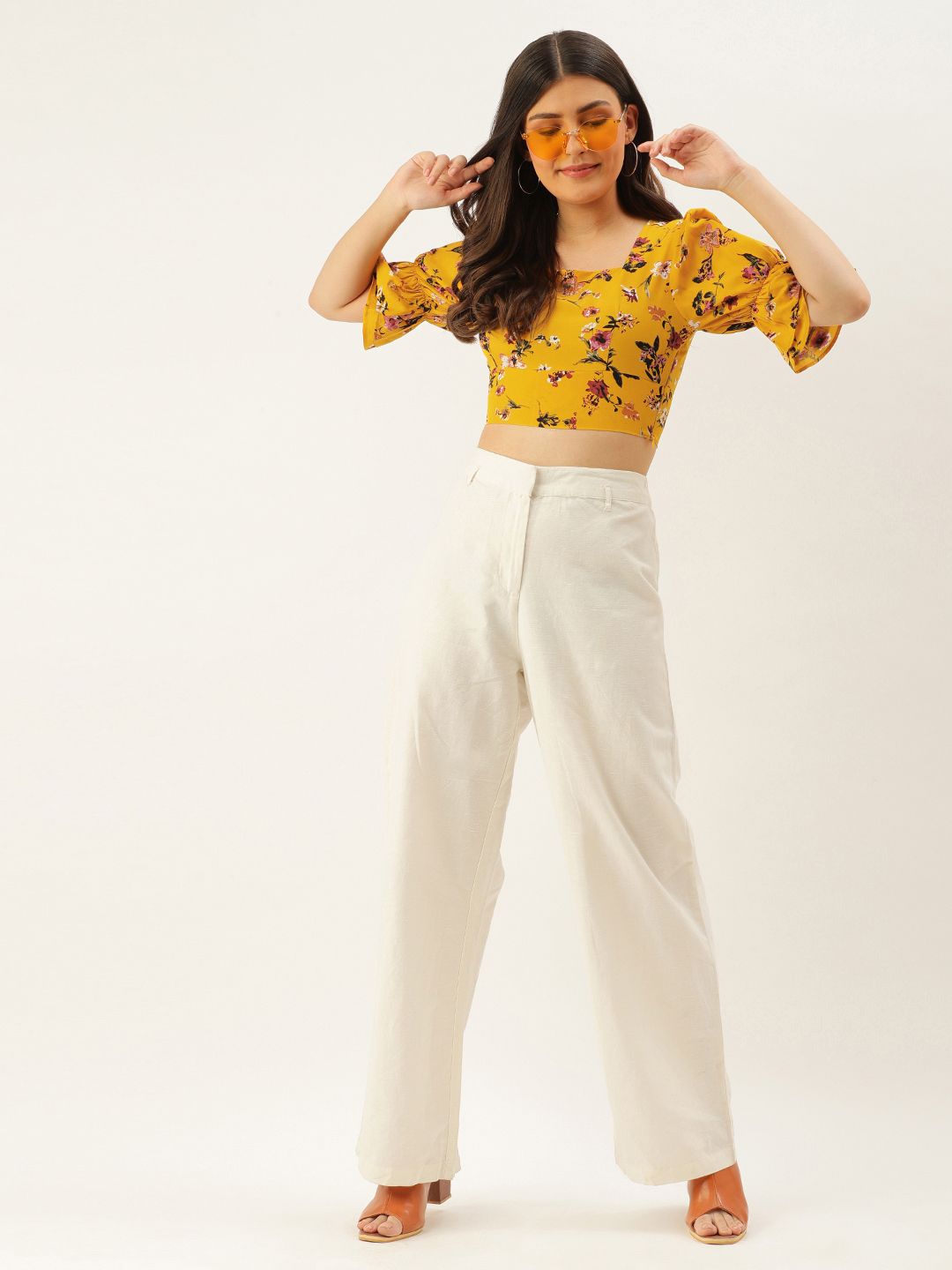 Berrylush Yellow Floral Printed Crepe Crop Top