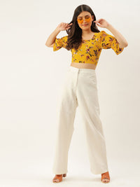 Berrylush Yellow Floral Printed Crepe Crop Top