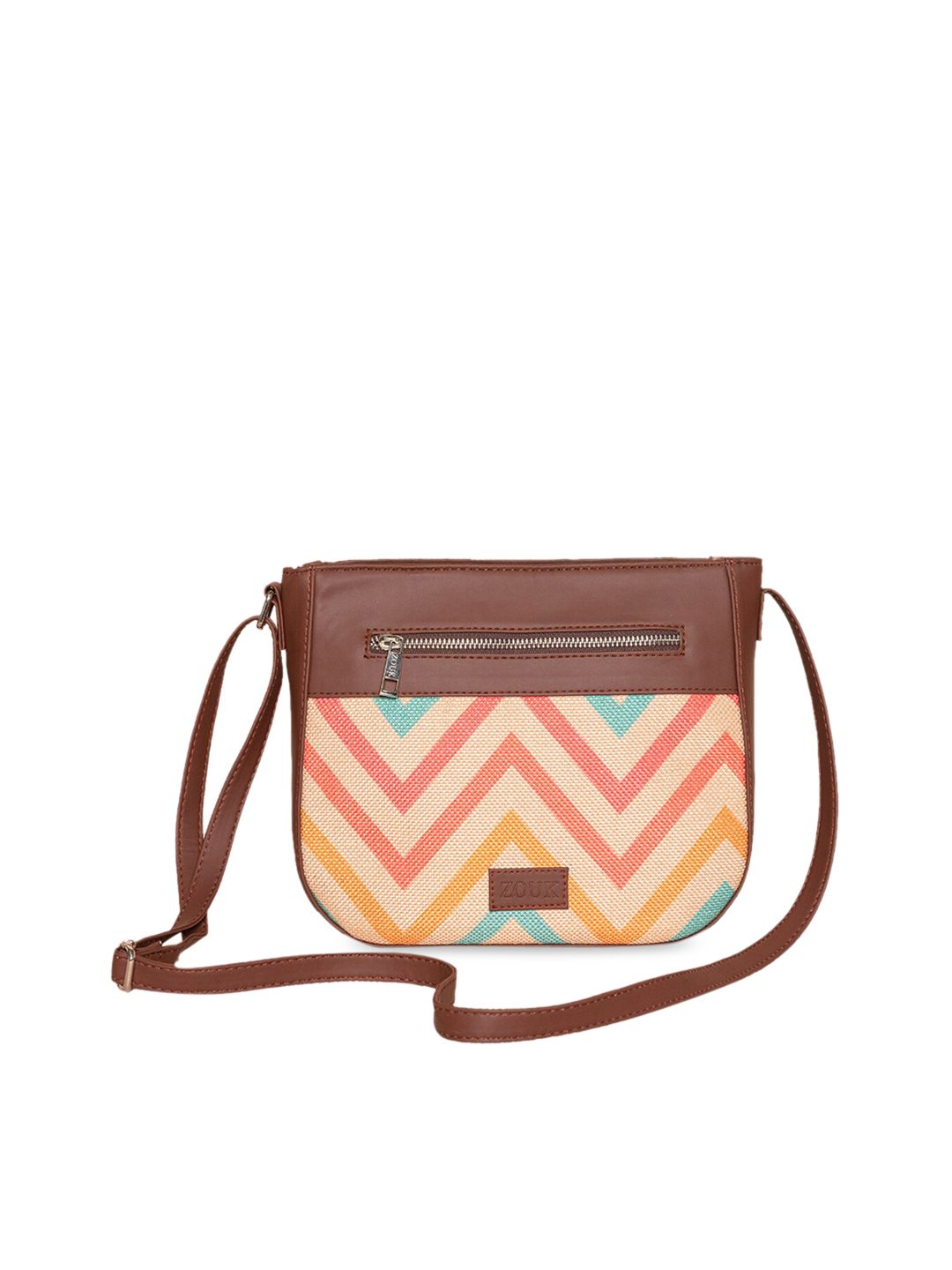 ZOUK Pink Geometric Striped Structured Sling Bag with Quilted